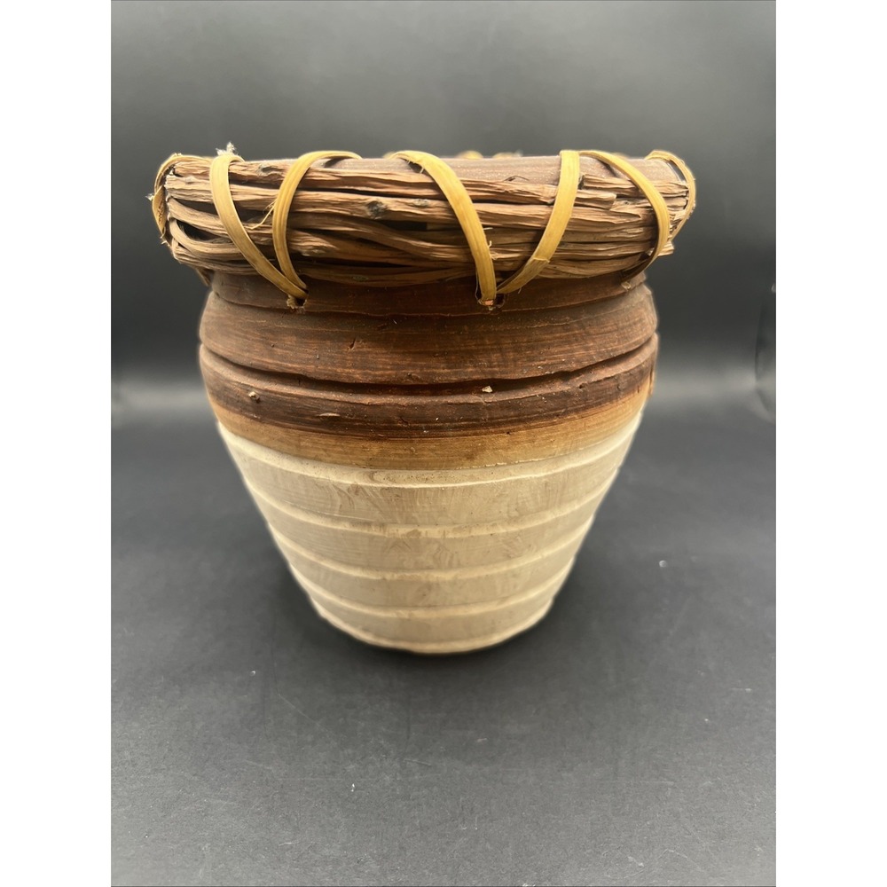 Vintage Terracotta Planter Woven Twig Wicker Rim Boho Clay Flower Pot 6x5.75